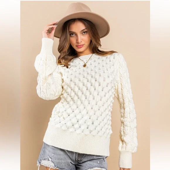 33 Boho Soft Two Tone Textured Sweater Top - Picture 1 of 7